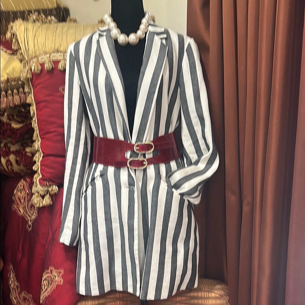 Zara Black and White Striped Blazer with Red Belt. Gorgeous and new condition.